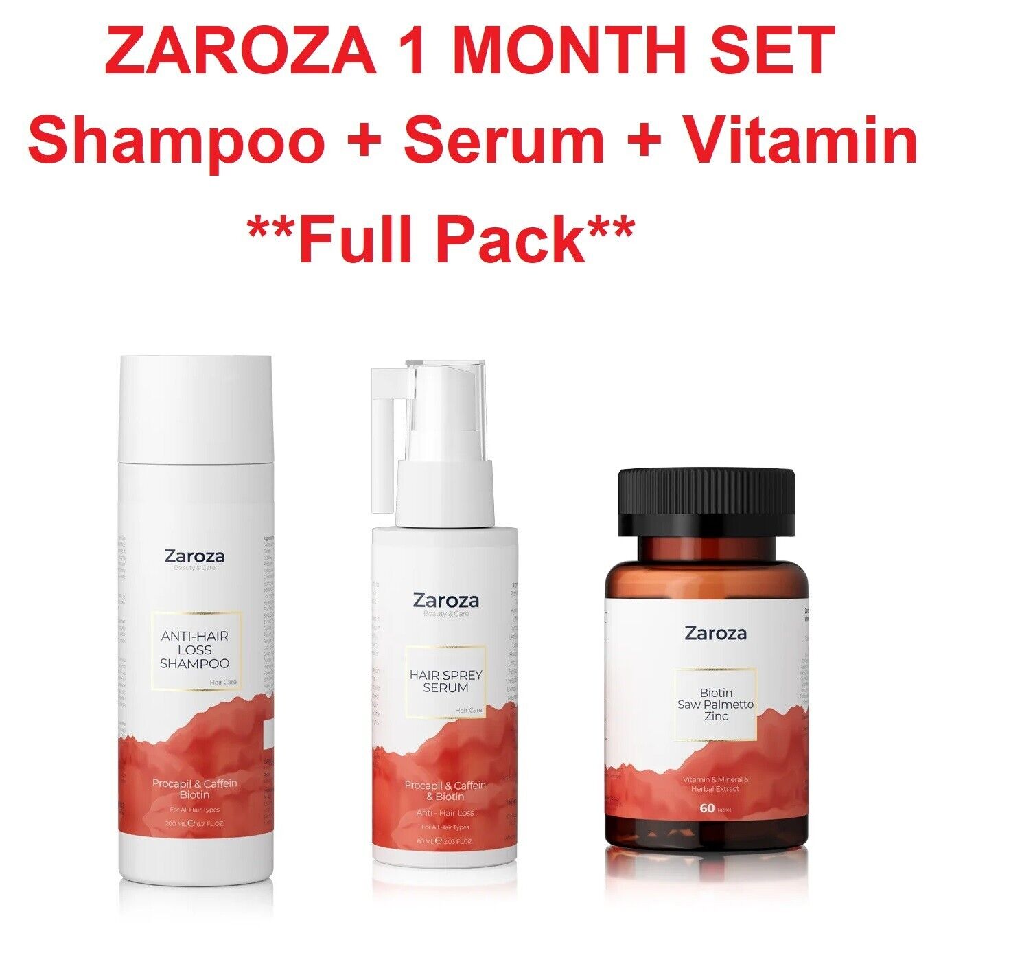 ZAROZA 1 Month Hair Care Set (Shampoo-Serum-Vitamin) New Pack
